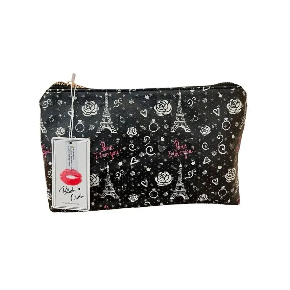 Paris I Love You Eiffel Tower Cosmetic Bag Zip Makeup Clutch Sparkles Roses NWT